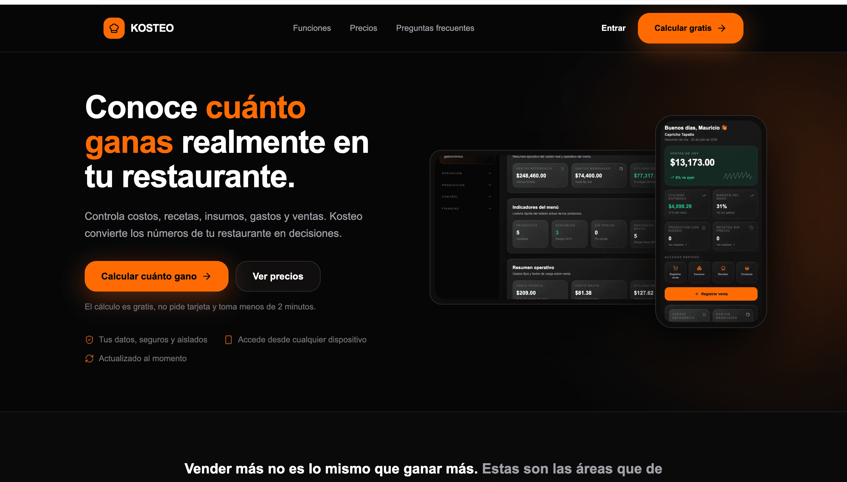 Dashboard de Kosteo, SaaS de costeo para restauranteros